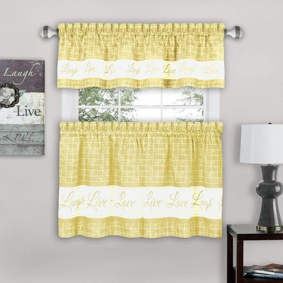 Tier and Valance Window Curtain Set - 52 Inch Width, 36 Inch Length - Live, Love, Laugh (Yellow) - Light Filtering Drapes for Kitchen, Bedroom, Living & Dining Room by Achim Home Decor