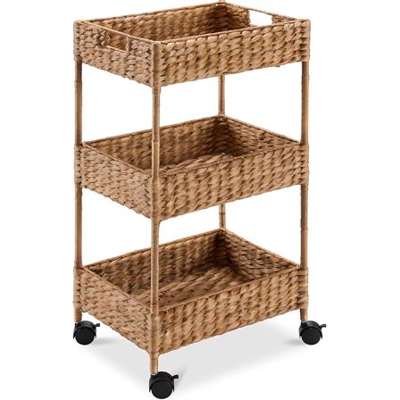 Tier Water Hyacinth Rolling Nursery Caddy w/Wheels, Utility Cart, Storage Organization for Bathroom, Craft Room, Laundry Room– Chestnut