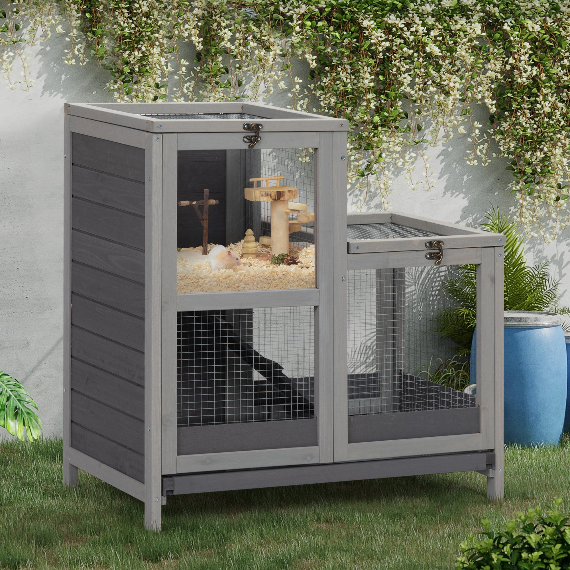Tier Wood Hamster Cage Pet Habitat with Run, Pull-Out Tray, Ramp ...