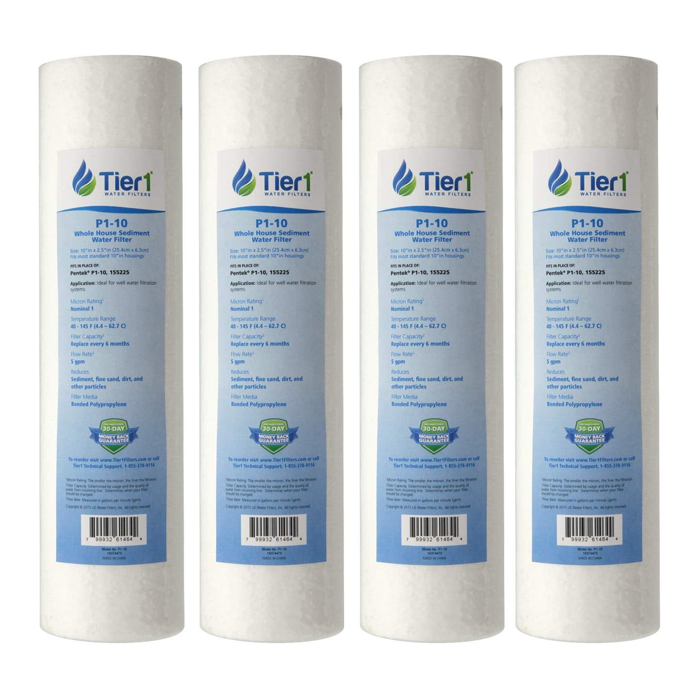 Tier1 1 Micron 10 Inch x 2.5 Inch | 4-Pack Spun Wound Polypropylene Whole House Sediment Water Filter Replacement Cartridge | Compatible with Pentek P1, PX01-9-78, SDC-25-1001, Home Water Filter