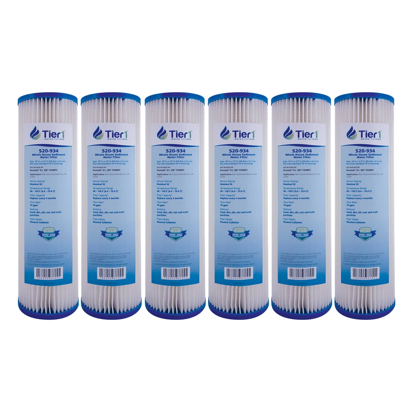 Tier1 20 Micron 10 Inch x 2.5 Inch | 6-Pack Pleated Cellulose Whole House Sediment Water Filter Replacement Cartridge | Compatible with Pentek S1, GE FXWPC, 155001-43, Home Water Filter
