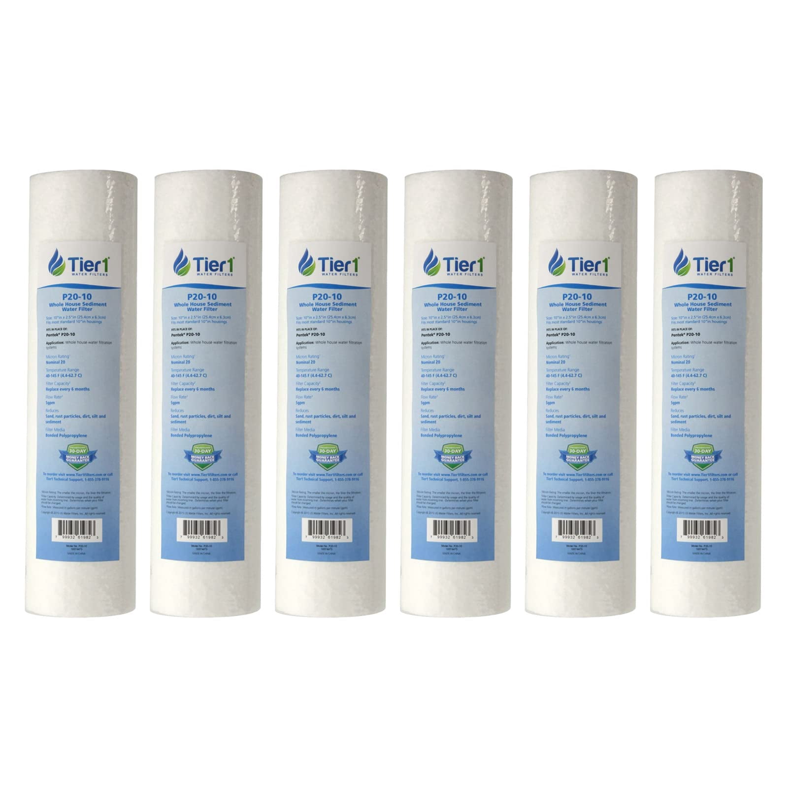 Tier1 20 Micron 10 Inch x 2.5 Inch | 6-Pack Spun Wound Polypropylene Whole House Sediment Water Filter Replacement Cartridge | Compatible with Pentek P25, SDC-25-1020, 155015-43, Home Water Filter