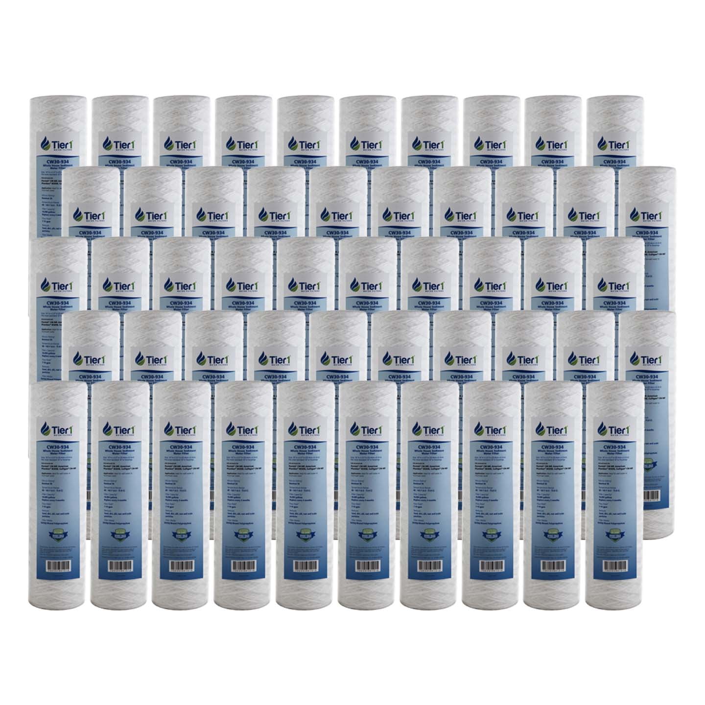 Tier1 30 Micron 10 Inch x 2.5 Inch | 50-Pack String Wound Polypropylene Whole House Sediment Water Filter Replacement Cartridge | Compatible with Pentek CW-MF, 155187-43, W30W, Home Water Filter