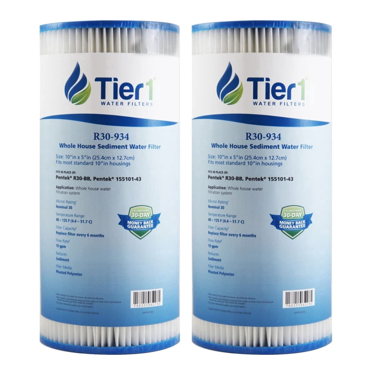 Tier1 30 Micron 10 x 4.5 Water Filter | Pleated Polyester Whole House Sediment Cartridge | Replacement for Pentek R30-BB Water Filter, 155101-43, RS6, SPC-45-1030 | 4.5x10 High Flow Pre-Filter (2pk)