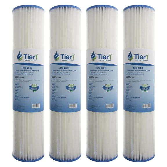 Tier1 30 Micron 20 Inch x 4.5 Inch | 4-Pack Pleated Polyester Whole House Sediment Water Filter Replacement Cartridge | Compatible with Pentek R30-20BB, 155430-43, SPC-45-2030, Home Water Filter