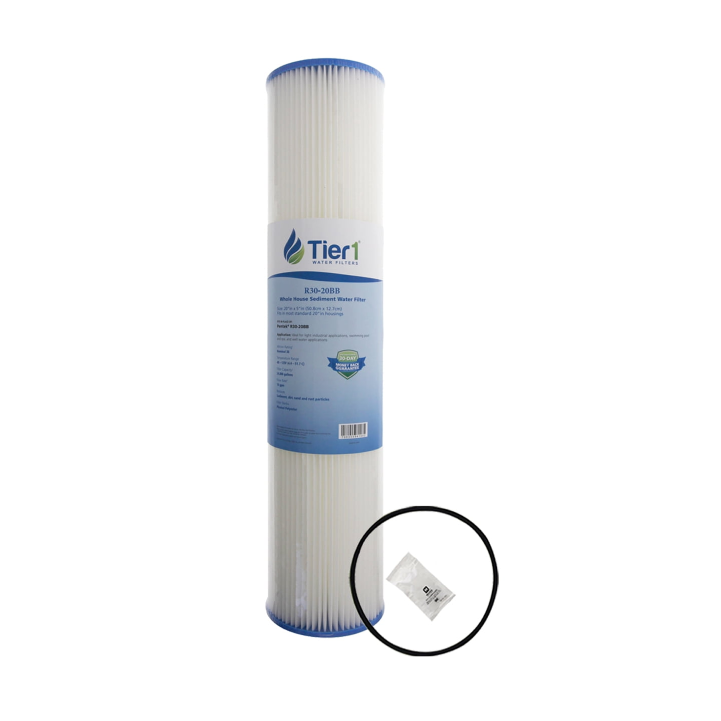 Tier1 30 Micron 20 Inch x 4.5 Inch Pleated Polyester Whole House Sediment Water Filter Replacement Cartridge Kit with O-ring and Lubricant | Compatible with Pentek R30-20BB, Home Water Filter
