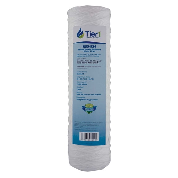 Tier1 5 Micron 10 x 2.5 Water Filter | String Wound Polypropylene Whole House Fine Sediment Filter Cartridge | Replacement for Pentek WP-5, OmniFilter RS2-SS, WHCF-WHSW | 2.5 x 10 Water Filter