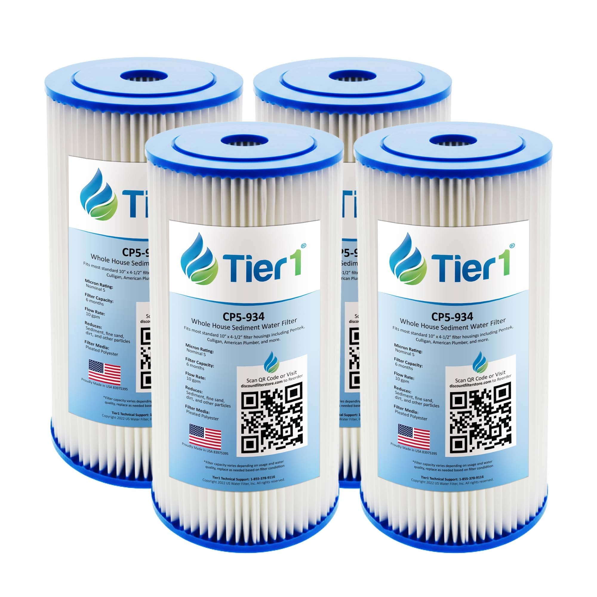 Tier1 5 Micron 10 Inch x 4.5 Inch | 4-Pack Pleated Polyester Whole House Sediment Water Filter Replacement Cartridge | Compatible with Culligan CP5-BBS-D, Pentek CP5-BB, W5CPHD, Home Water Filter