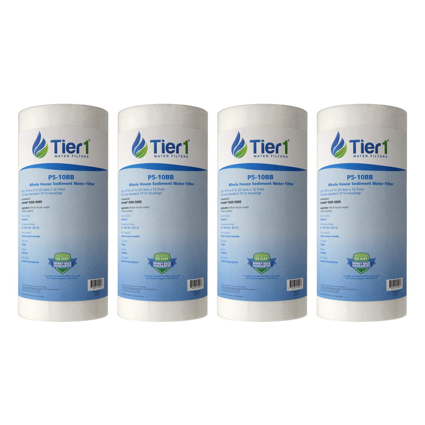Tier1 5 Micron 10 Inch x 4.5 Inch | 4-Pack Spun Wound Polypropylene Whole House Sediment Water Filter Replacement Cartridge | Compatible with Pentek DGD-5005, 155357-43, WDGD-5005, Home Water Filter