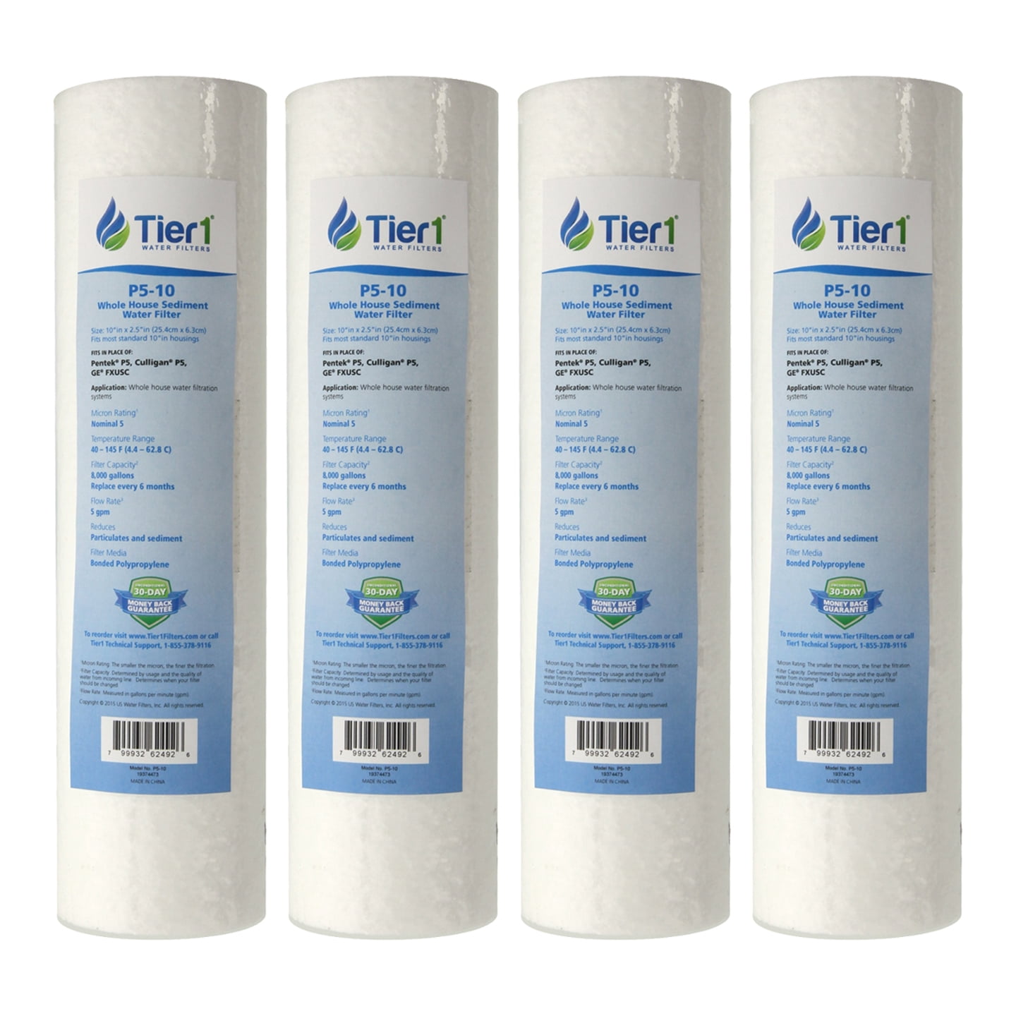 Tier1 5 Micron 10 x 2.5 Spun Wound Polypropylene Sediment Water Filter, Compatible with Pentek P5, GXWH04F, P5-10, 4 Pack