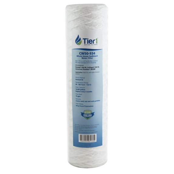 Tier1 50 Micron 10 Inch x 2.5 Inch | String Wound Polypropylene Whole House Sediment Water Filter Replacement Cartridge | Compatible with Pentek CW-50, 155214-52, W50W, Home Water Filter