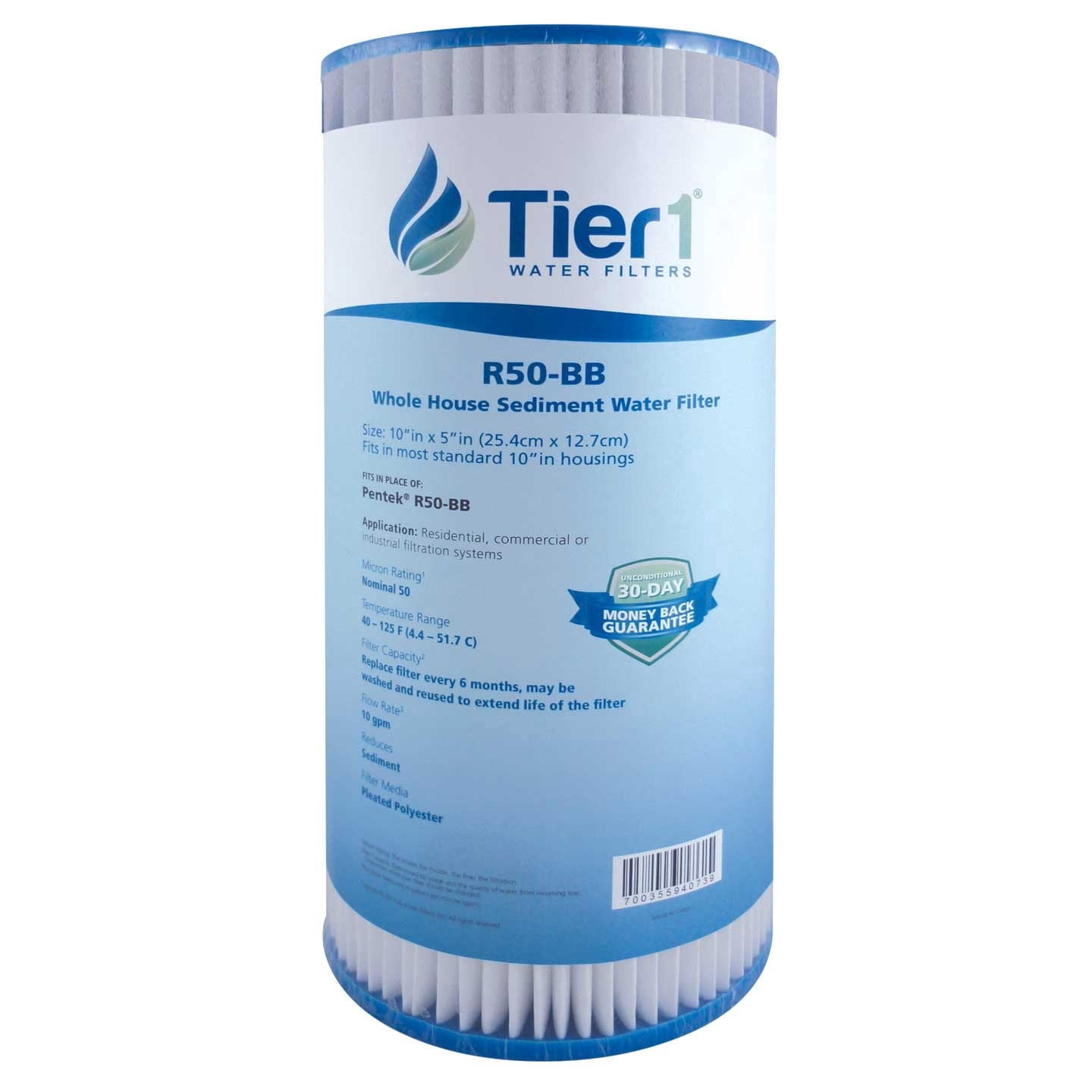 Tier1 50 Micron 10 x 4.5 Water Filter | Pleated Polyester Whole House Sediment Filter Cartridge | Replacement for Pentek R50-BB, 155053-43, SPC-45-1050 | High Flow 4.5 x 10 Water Pre-Filter