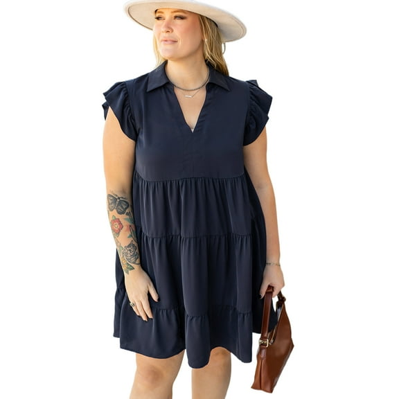 Tiered A-Line Plus Size Dress in Navy Blue - Ruffle Flutter Sleeve Design | [ZhiHiMeRi] | (US 18W-20W)2X