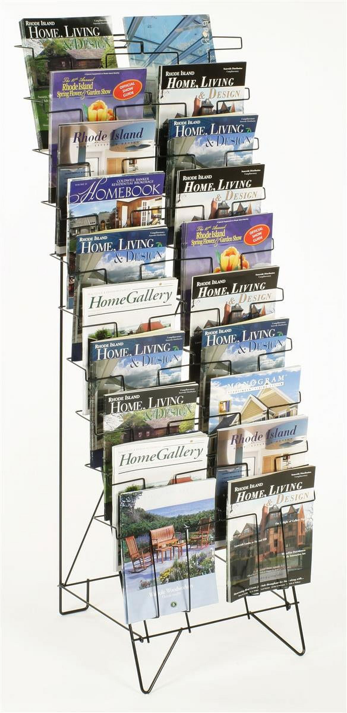 Tiered Black Wire Magazine Rack, 19-1/4w x 25-1/2d x 51-1/2h, Free  Standing Floor Fixture With 20 Stacked Pockets, Sign Slot (WRF10T19) 