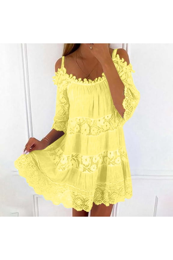 Tiered Cake Skirt Off The Shoulder Lace Flutter Sleeve Maxi Dress Fashion Solid Color Loose Dress Summer Midi Dress Beach Dress plus Size Dress for Women Casual Summer Casual Women Dresses Summer