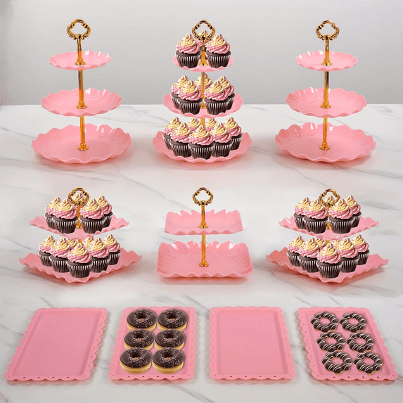 Tiered Cake Stand Display Set - 3+3+4 Piece Dessert Tray for Macarons, Cupcakes & Pastries | Wedding, Birthday Party Decor | Stackable Serving Stand for Home Bakery & Commercial Use (Pink)