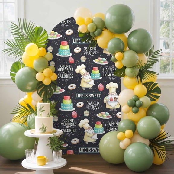 Tiered Cakes Arch Backdrop Cover, 4FT, Rustic Life Is Sweet Baking Quotes Cream Pastry Chefs Spandex Arch Covers Double-Sided Backdrop for Wedding Birthday Party Photo Background Decoration