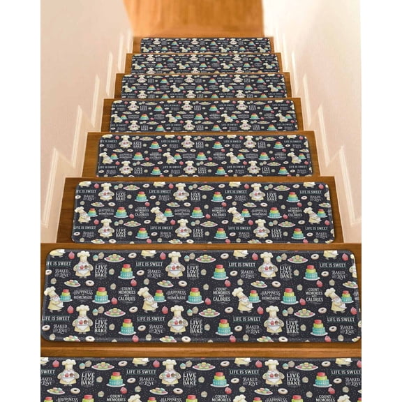 Tiered Cakes Stair Treads Rustic Life Is Sweet Baking Quotes Cream Pastry Chefs Indoor Non Slip Peel and Stick Stair Treads for Wooden Steps 10 PCS, Soft Adhesive Staircase Mats Runner Rugs 8"x30"