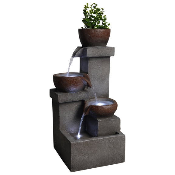 Tiered Cascading Jar Outdoor Water Fountain with Built-In LED Lights, Weatherproof Resin Rustic Stone Look Water Feature with Top Planter Space, Relaxing Waterfall Decor for Patio Porch Garden Backya