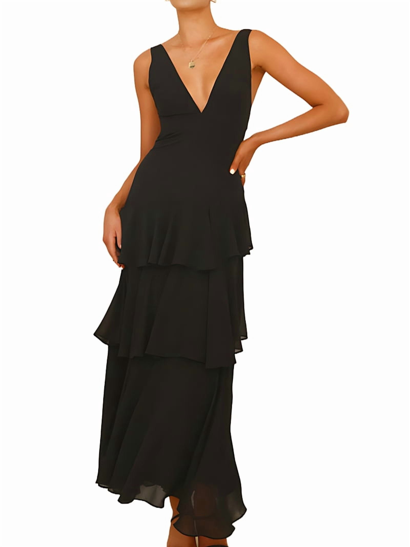 Tiered Chiffon Bridesmaid Dresses for Women Ruffle Formal Evening Dresses Long with Pleated Black L