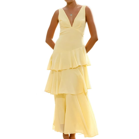 Tiered Chiffon Bridesmaid Dresses for Women Ruffle Formal Evening Dresses Long with Pleated Yellow S