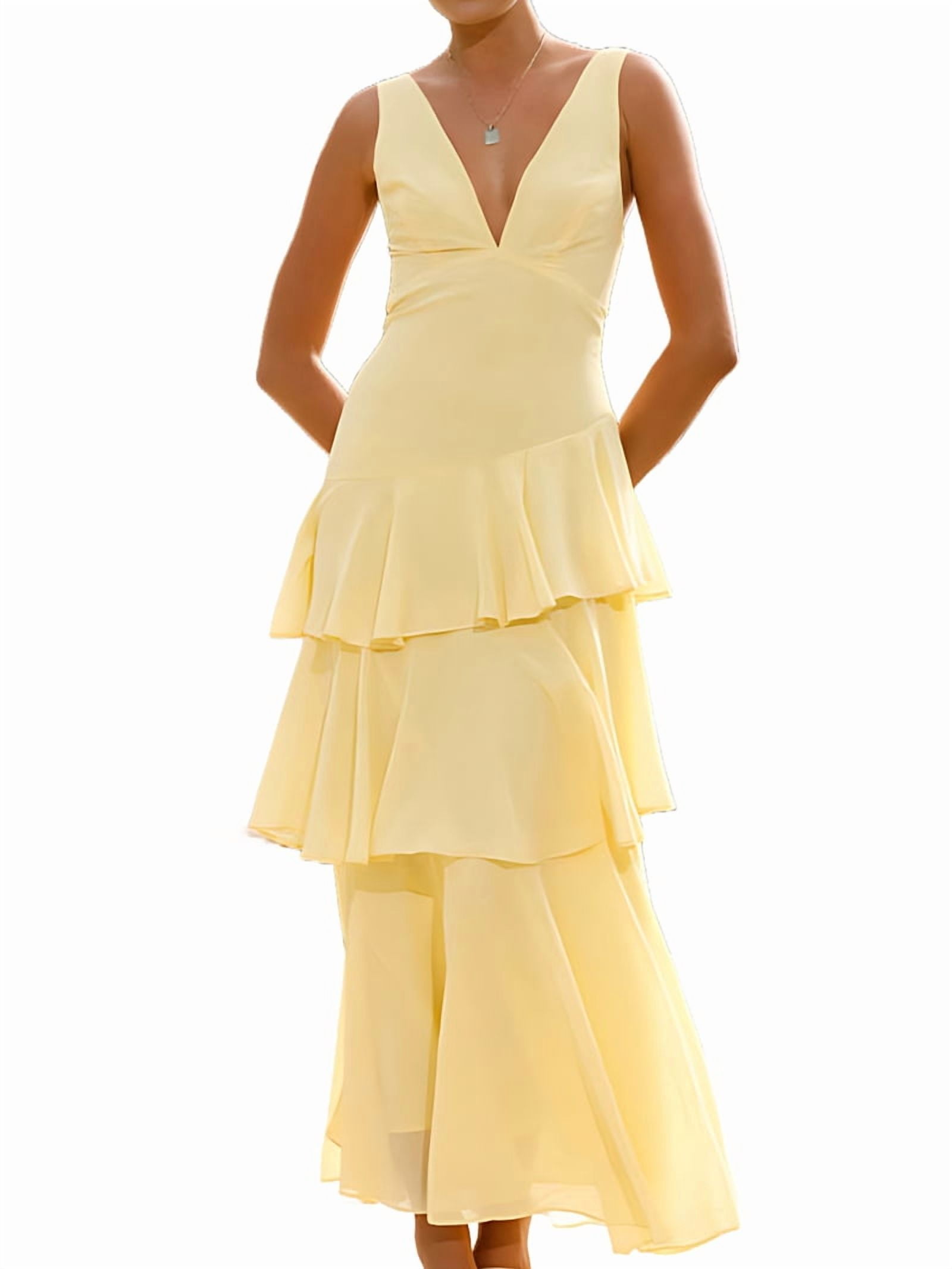 Tiered Chiffon Bridesmaid Dresses for Women Ruffle Formal Evening Dresses Long with Pleated Yellow S