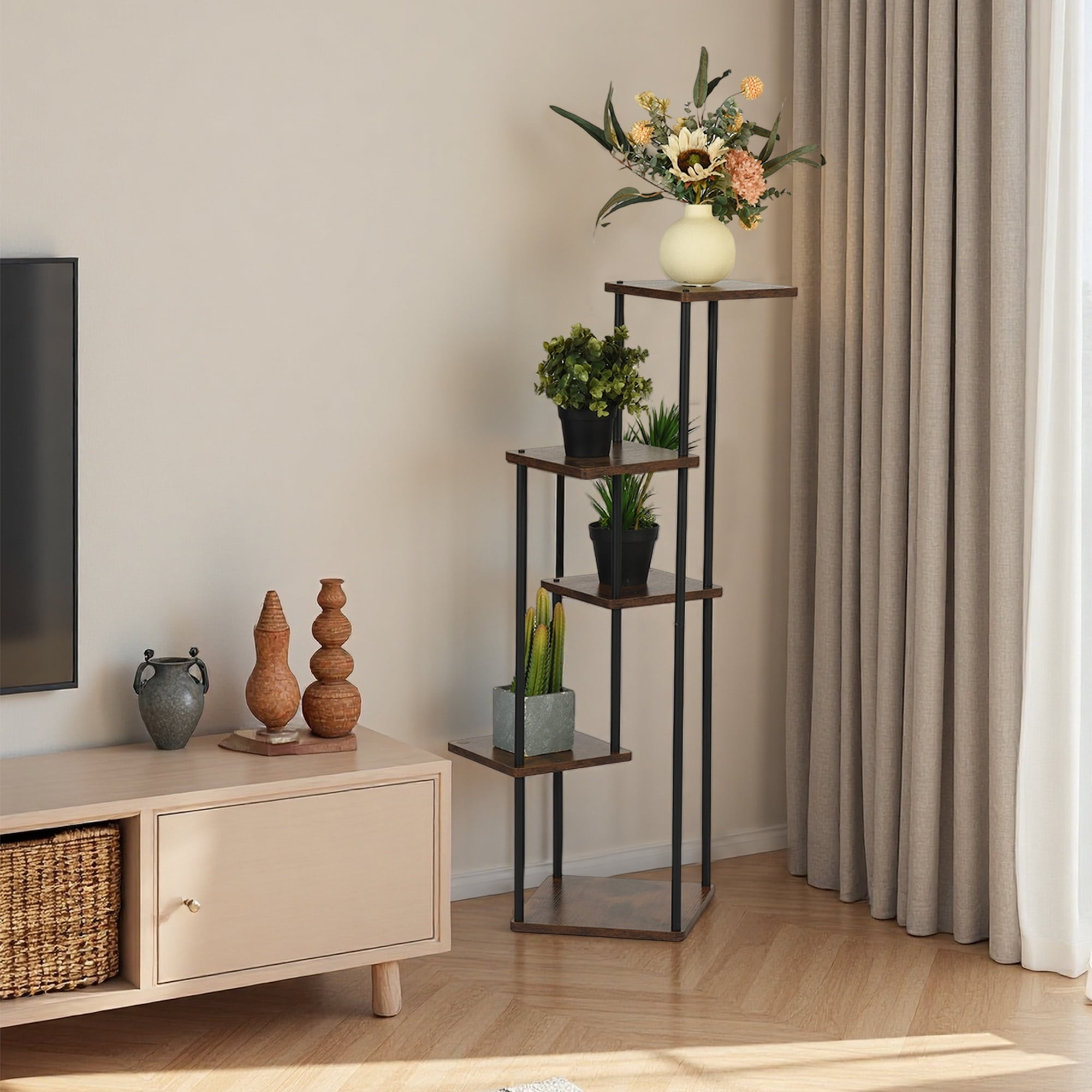 Tiered Corner Plant Stand, Tall Indoor Metal & MDF Flower Shelf, Multi-Layer Display Rack for Living Room Bedroom