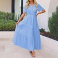 thumbnail image 1 of Tiered Dress Women Horkkom Summer V Neck Maxi Dresses Solid Color Short Sleeve Pleated A Line Dresses Blue XL, 1 of 7