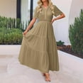 thumbnail image 1 of Tiered Dress Women Horkkom Summer V Neck Maxi Dresses Solid Color Short Sleeve Pleated A Line Dresses Khaki XL, 1 of 7