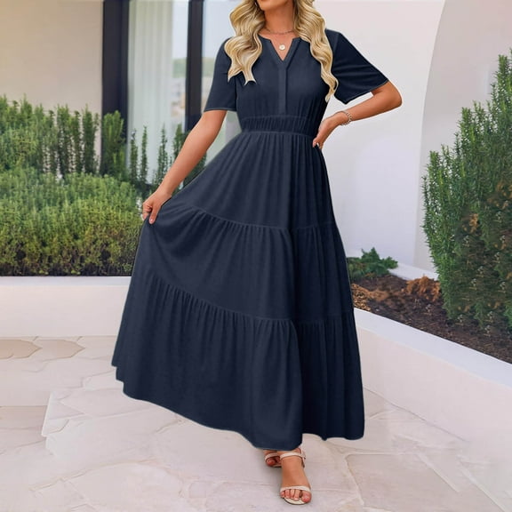 Tiered Dress Women Horkkom Summer V Neck Maxi Dresses Solid Color Short Sleeve Pleated A Line Dresses Navy 2XL