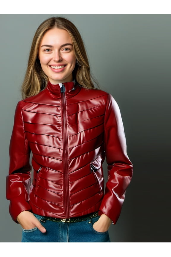 Tiered Elegance Leather Jacket - Orange , L