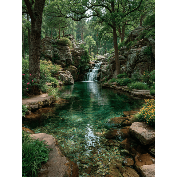 Tiered Green Forest Waterfall Canvas Print, Serene Nature Relax Home Office Living Room Wall Decor Art
