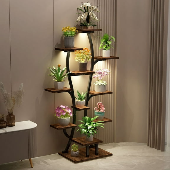 Tiered Indoor Plant Stand in Black and Dark Walnut with Grow Lights for Home and Patio Gardening Decor