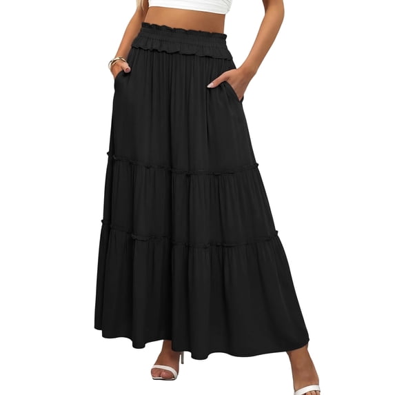 Tiered Maxi Skirt with Pockets, Boho Ruffle Layered High Waisted Long Skirt, Casual Flowy Smocked Paperbag Waist Slacks