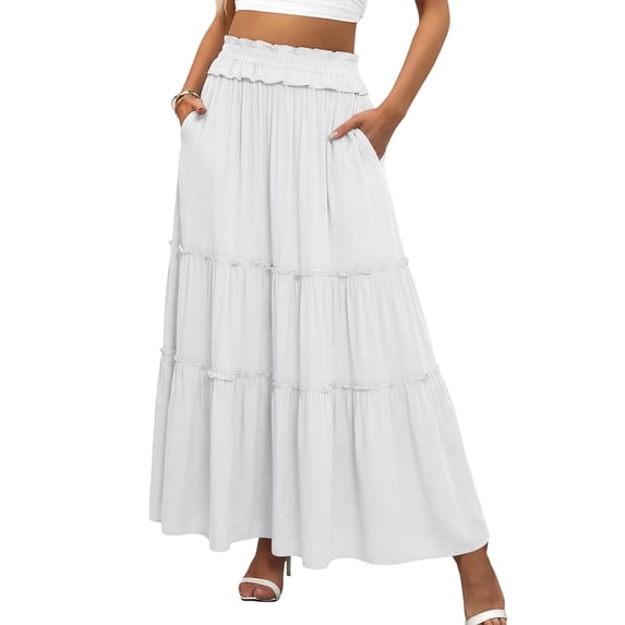 Tiered Maxi Skirt with Pockets, Boho Ruffle Layered High Waisted Long Skirt, Casual Flowy Smocked Paperbag Waist Slacks