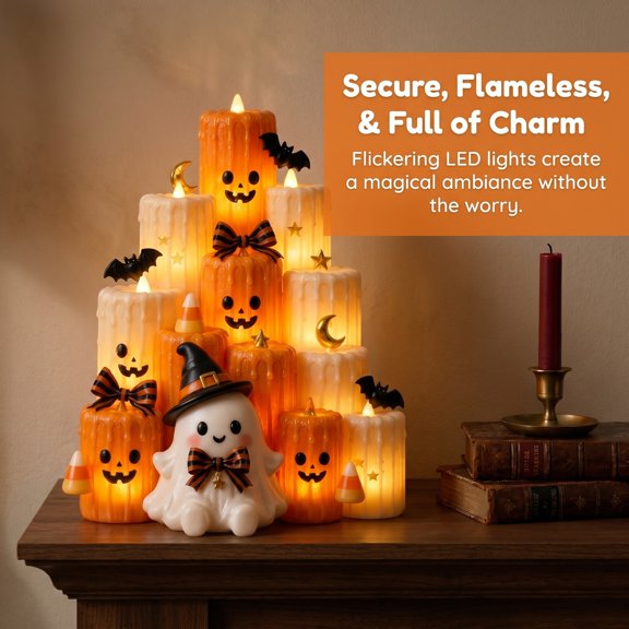 Tiered Pumpkin Ghost Flameless LED Candle Tower Tabletop Decor, Battery Operated Witch Ghost Statue Light, Kid Friendly Jack O Lantern Arrangement for Fall Indoor Home & Window Display
