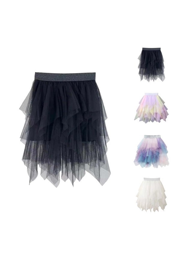 Tiered Rainbow Layer Cake Tutu Skirt for Girls, Asymmetric Hem Mesh Dress with Elastic Waist for Year Round Play and Party Wear