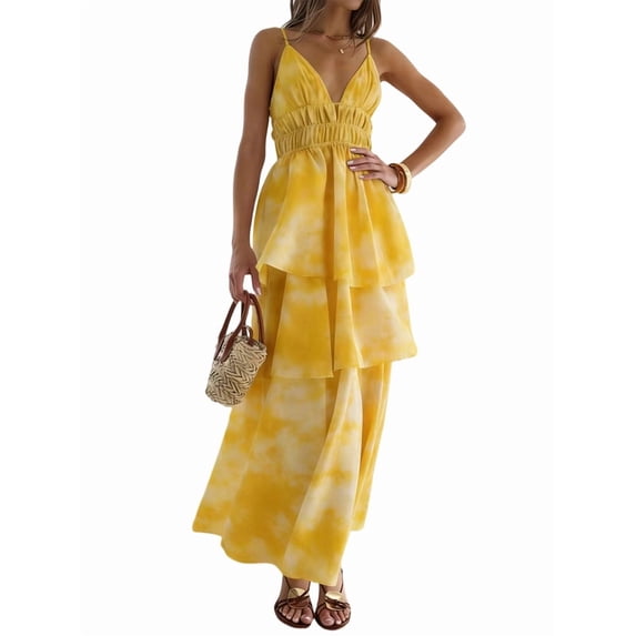 Tiered Ruffle Bridesmaid Dresses for Women Long Chiffon Deep V Neck Sleeveless Slip Dresses Yellow L