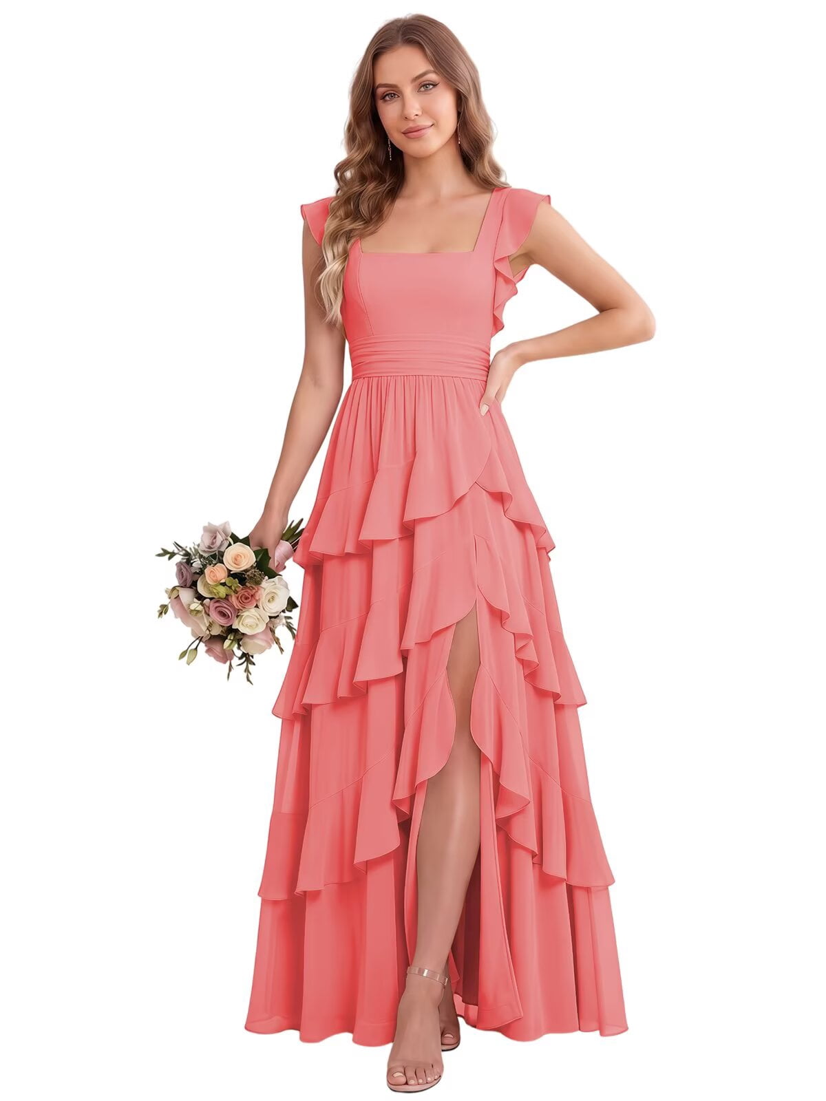 Bridal Robe Ruffle Tiered Ruffle Chiffon Bridesmaid Dresses Long for Women Ruffle Sleeve A ...