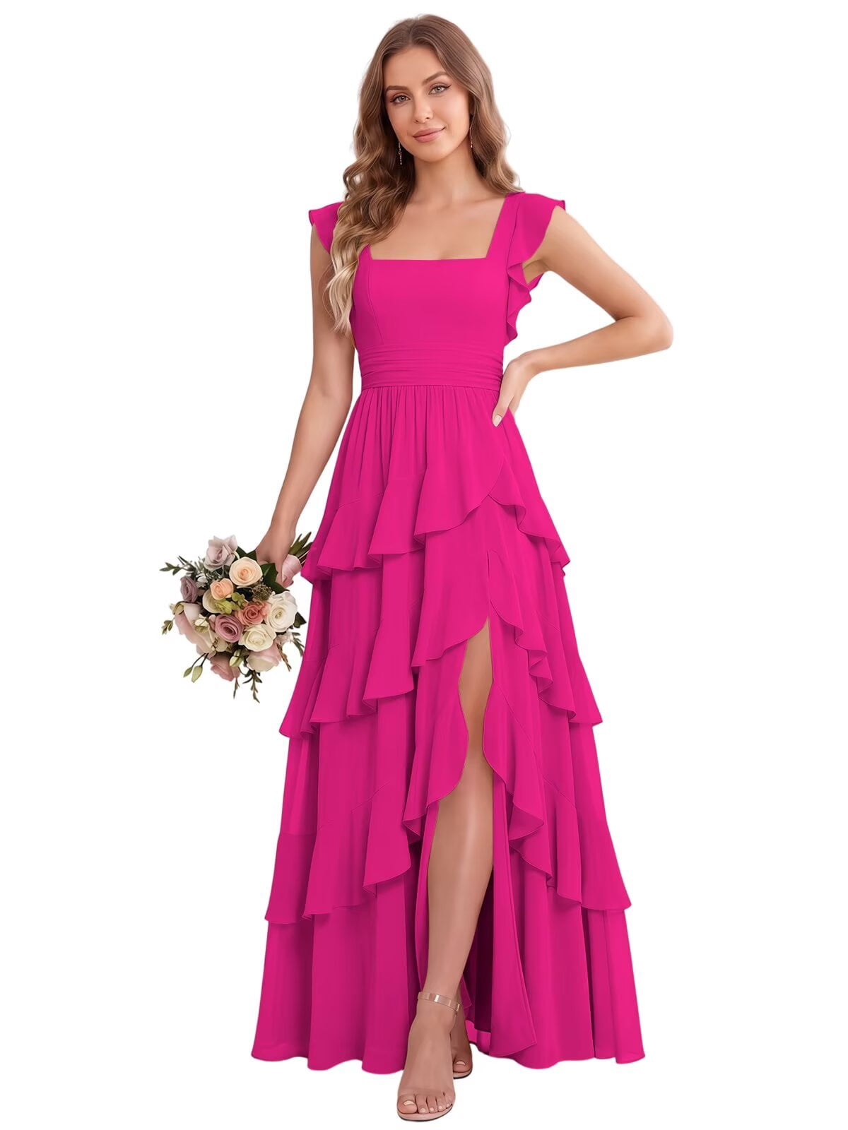 Bridal Robe Ruffle Tiered Ruffle Chiffon Bridesmaid Dresses Long for Women Ruffle Sleeve A ...
