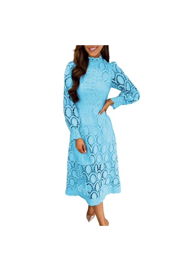 Tiered Ruffle Dress, Long Sleeve Lace Embroidered Peasant Midi Dress, Bohemian Festival Dress for Spring, Summer & Photo Shoots Sky Blue 2XL