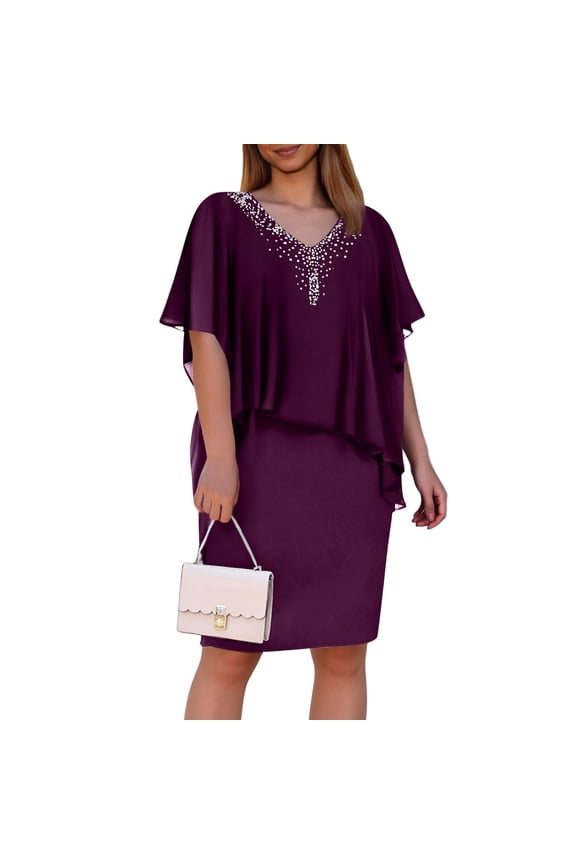 Tiered Ruffle Dress, V-Neck Short Sleeves Asymmetrical Hem Maxi, Feminine & Romantic for Date Night, Garden Party & Spring Season Hot Pink S