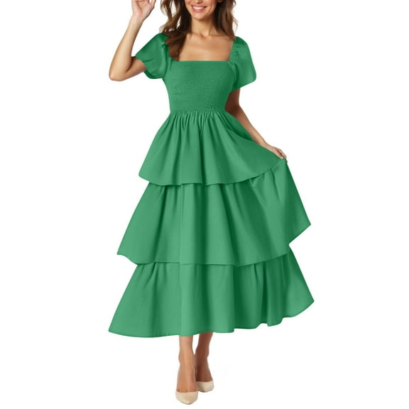Tiered Ruffle Midi Dress Women Smocked Short Sleeve Summer Dress Wedding Guest Evening Party Beach Sundress