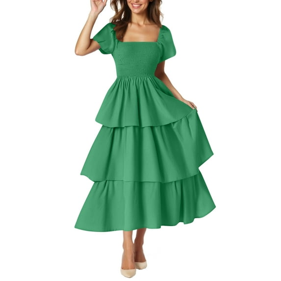 Tiered Ruffle Midi Dress Women Smocked Short Sleeve Summer Dress Wedding Guest Evening Party Beach Sundress