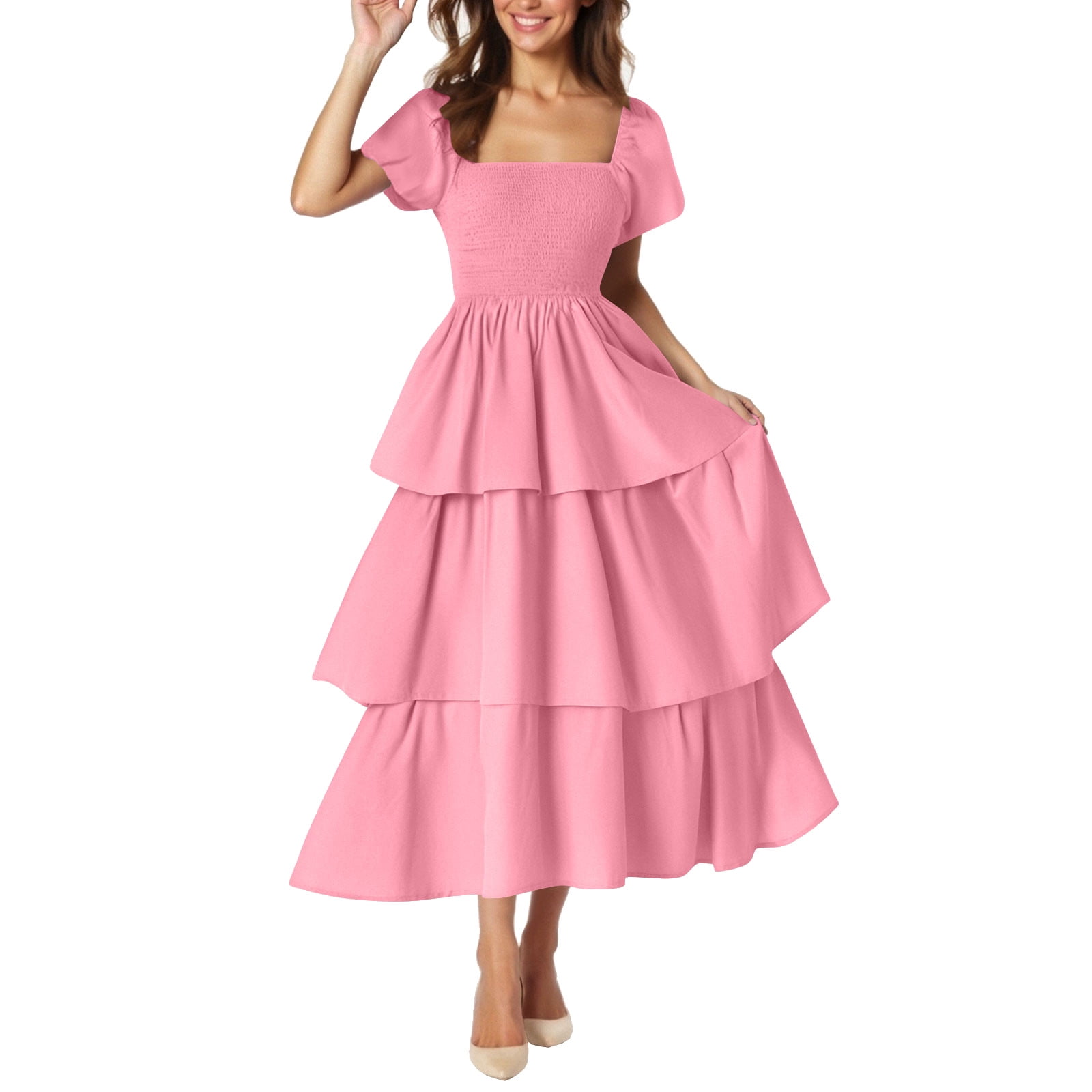 LLYWEY Tiered Ruffle Midi Dress Women Smocked Short Sleeve Summer Dress Wedding Guest Evening Party Beach Sundress, Women's, Size: Small, Pink