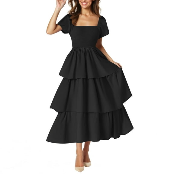 Tiered Ruffle Midi Dress Women Smocked Short Sleeve Summer Dress Wedding Guest Evening Party Beach Sundress