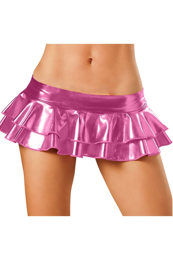 Tiered Ruffle Mini Skirt for Women Metallic Shiny Flare Skater Skirts Stretchy Low Rise Micro Bottoms Party Dancewear