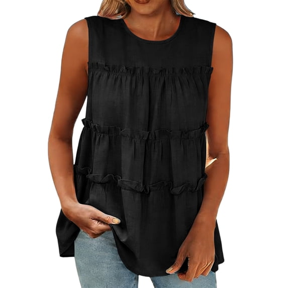Tiered Ruffle Sleeveless Blouse Womens Round Neck Flowy Lightweight Peplum Tank for Casual Summer Boho Wear Black XXL