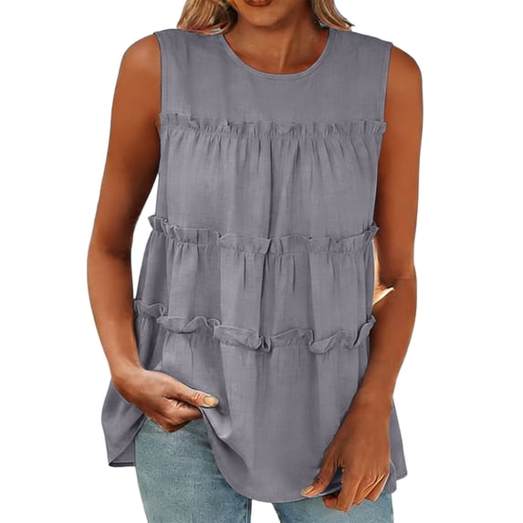 Tiered Ruffle Sleeveless Blouse Womens Round Neck Flowy Lightweight Peplum Tank for Casual Summer Boho Wear Gray Cami Tank Tops for Women XL