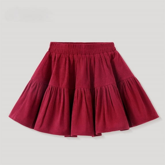 Tiered Ruffled Red Corduroy Skirt for Girls 5-14 - A-Line Elastic Waist Cotton Spandex Kids Skirt,Size 14 T